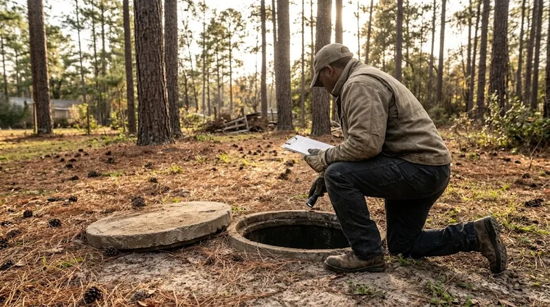 Septic inspector kneeling with a clipboard and flashlight beside an open concrete septic tank in a sandy, pine-straw yard