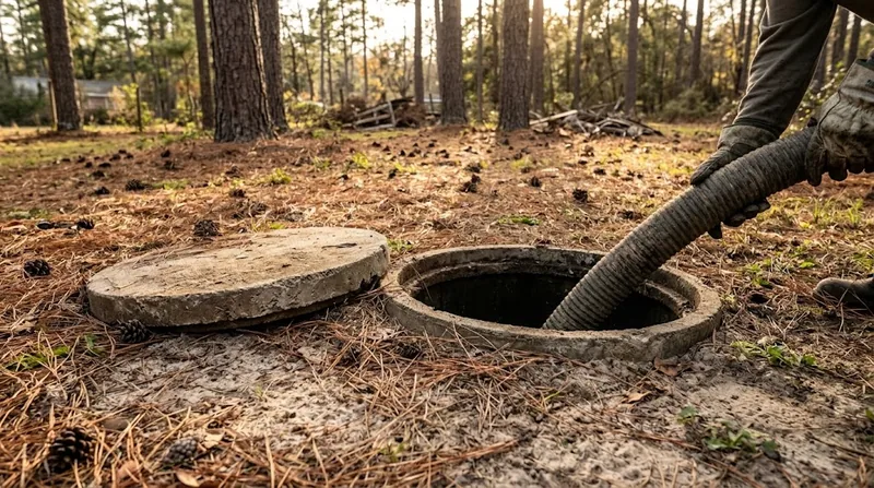 Vacuum hose lowered into an open concrete septic tank, the round lid set aside on sandy ground and pine straw